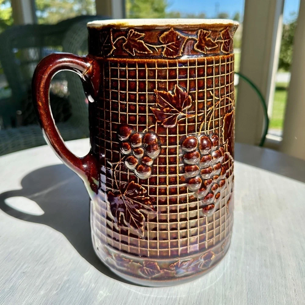 ANTIQUE, NORTH STAR POTTERY, “GRAPES ON LATTICE” PITCHER.